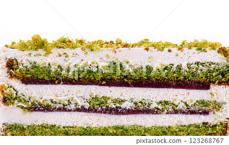 Colorful layered dessert showcasing vibrant green and white textures 123268767