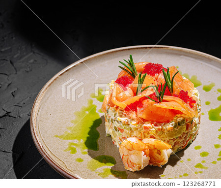 Delicious seafood dish served on a unique plate Delicious seafood dish served on a unique plate 123268771