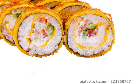 Tempura maki sushi rolls presenting filling with vegetables and sauce Tempura maki sushi rolls presenting filling with vegetables and sauce 123268797