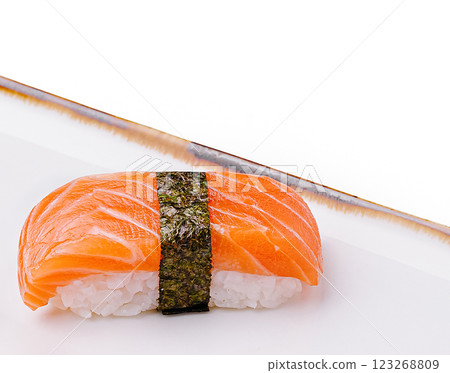 Fresh sushi with salmon topping served on a clean plate 123268809