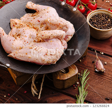 Freshly marinated chicken ready for grilling on wooden table Freshly marinated chicken ready for grilling on wooden table 123268824