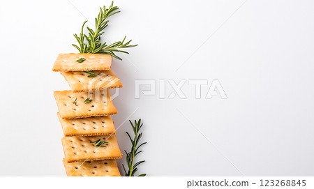 Crispy bulgur crackers with smoky paprika and rosemary on slate board. Rustic handmade appeal, soft natural light, and earthy tones. 123268845