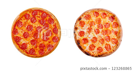 Compare two styles of pepperoni pizza on a white background Compare two styles of pepperoni pizza on a white background 123268865