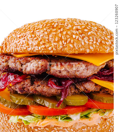 Delicious double cheeseburger with fresh toppings and sesame bun 123268907