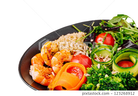 Fresh seafood and vegetable platter with healthy grains served 123268912
