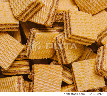 Crunchy layered wafers stacked together in a sweet treat display 123268978