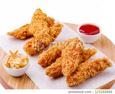 Delicious crispy chicken tenders served with dipping sauces Delicious crispy chicken tenders served with dipping sauces 123268988