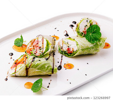 Fresh lettuce rolls with vegetables and sauce displayed on plate Fresh lettuce rolls with vegetables and sauce displayed on plate 123268997