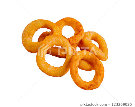 Crispy golden onion rings arranged on a white background Crispy golden onion rings arranged on a white background 123269020