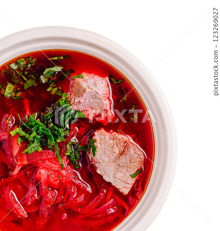 Hearty bowl of borscht with tender meat and fresh herbs 123269027