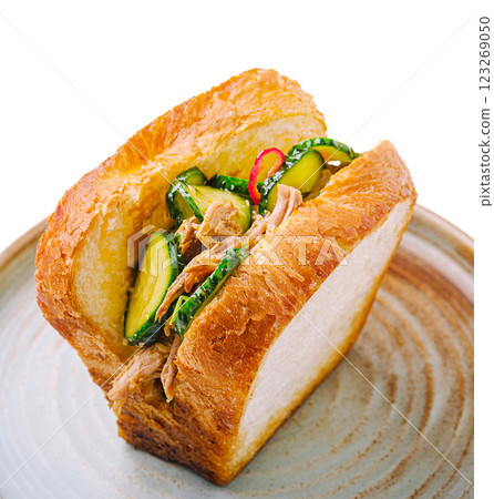 Delicious sandwich with chicken and fresh vegetables on a plate 123269050