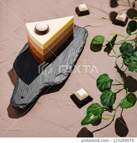 Delicious multi-layered cake slice on slate board with chocolates 123269079