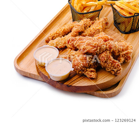 Fried chicken, fries, and dips on a wooden tray 123269124