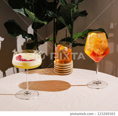 Stylish cocktails served on a wooden table with plants in background 123269163