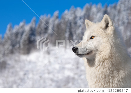Arctic wolf against a background of blue sky and winter forest 123269247