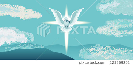 Holy Spirit Dove flies in blue sky religion holiday vector illustration. Sacrament biblical church cross symbol. Easter Sunday Christian event, Pentecost, Trinity church banner template background 123269291