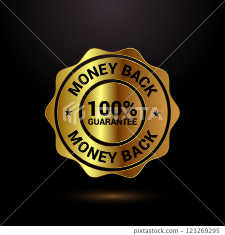 Money back guarantee icon design illustration. Money back guarantee badge and label, gold color style Money back guarantee icon design illustration. Money back guarantee badge and label, gold color style 123269295