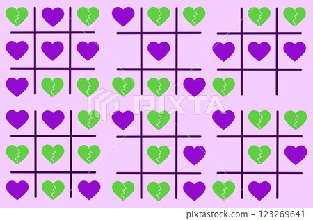 Seamless wallpaper with games. Endless pattern with a tic-tac-toe game with a broken heart. 123269641