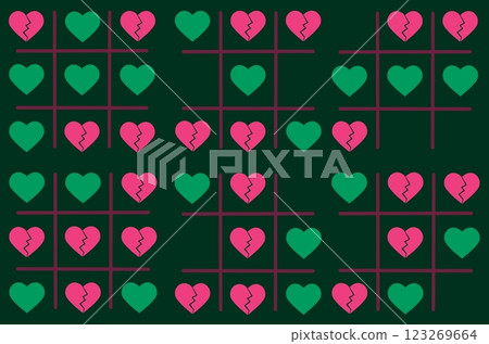Seamless wallpaper with games. Endless pattern with a tic-tac-toe game with a broken heart. 123269664