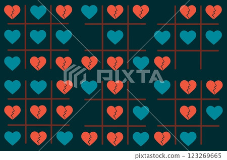 Seamless wallpaper with games. Endless pattern with a tic-tac-toe game with a broken heart. Seamless wallpaper with games. Endless pattern with a tic-tac-toe game with a broken heart. 123269665