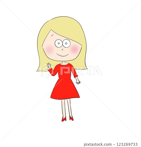 Illustration of a blonde woman wearing a red dress 123269733
