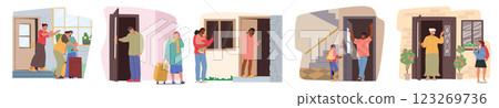 People cartoon characters leaving or returning home standing nearby doorway isolated scene set 123269736