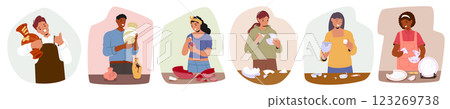 Diverse people cartoon character restoring fixing broken vase, plate, dish bowl ceramics set 123269738