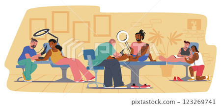 Tattooed master working with client drawing picture decoration on skin with professional equipment Tattooed master working with client drawing picture decoration on skin with professional equipment 123269741