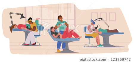 Tattoo salon interior cartoon scene with clients getting professional service from skilled artists 123269742