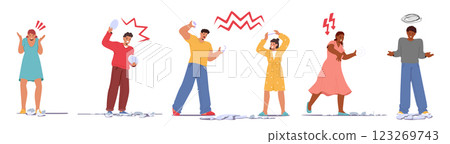 Diverse people cartoon character feeling negative emotions breaking dishes isolated on white Diverse people cartoon character feeling negative emotions breaking dishes isolated on white 123269743