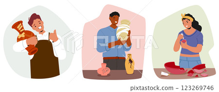 People diverse cartoon characters enjoying craft hobby engaged in ceramics restoration process 123269746