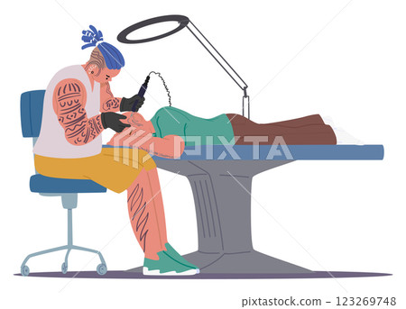 Talented tattoo artist drawing ink picture permanent adornment on bald client head cartoon scene Talented tattoo artist drawing ink picture permanent adornment on bald client head cartoon scene 123269748
