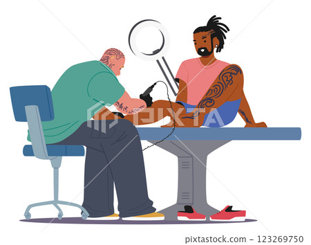 Bald man tattoo master drawing on client leg skin new ornament using professional electric machine Bald man tattoo master drawing on client leg skin new ornament using professional electric machine 123269750