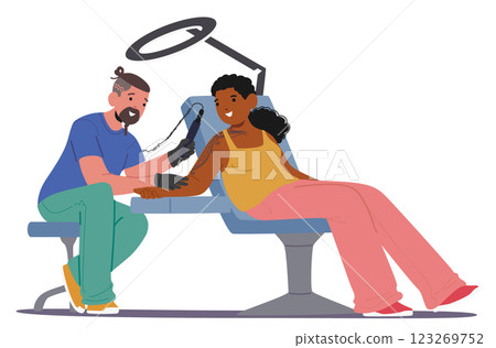 Professional tattoo master drawing on client arm creative decorative ink ornament with electric tool Professional tattoo master drawing on client arm creative decorative ink ornament with electric tool 123269752