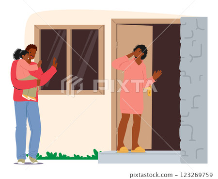 Wife gesturing goodbye to loving husband carrying little toddler daughter in arms cartoon scene Wife gesturing goodbye to loving husband carrying little toddler daughter in arms cartoon scene 123269759