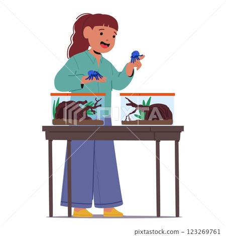 Cute little girl child cartoon character caring for pet insects holding pair of spiders in hands Cute little girl child cartoon character caring for pet insects holding pair of spiders in hands 123269761