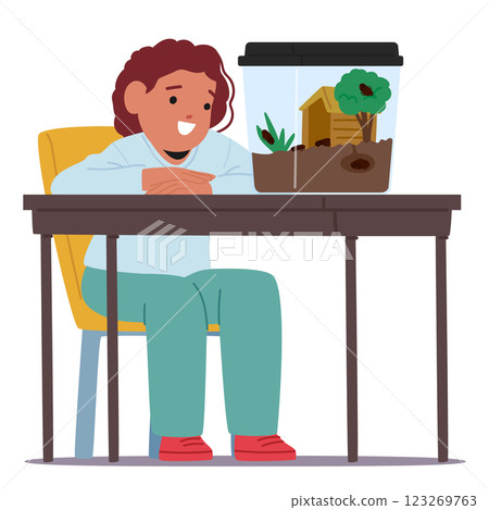 Little girl child cartoon character having bugs family new friends inside glass aquarium house Little girl child cartoon character having bugs family new friends inside glass aquarium house 123269763