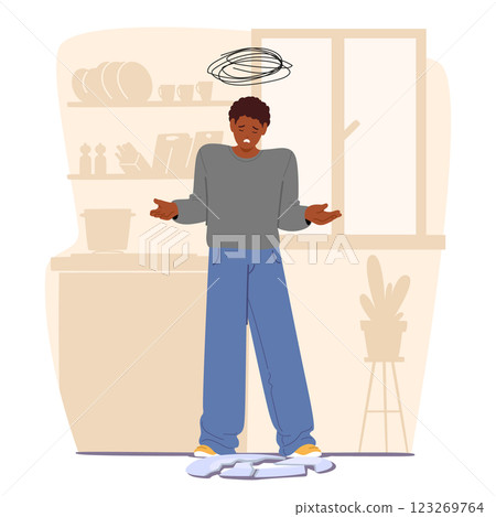 Upset teenage guy cartoon character feeling unhappy due to break dish bowl while cooking on kitchen 123269764