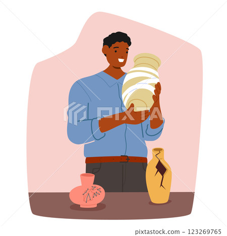 Man professional potter artist cartoon character fixing broken antique ceramic amphora at workshop Man professional potter artist cartoon character fixing broken antique ceramic amphora at workshop 123269765