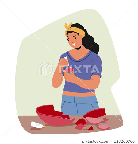 Young woman ceramics master cartoon character using glue to fix broken dish bowl at workshop Young woman ceramics master cartoon character using glue to fix broken dish bowl at workshop 123269766