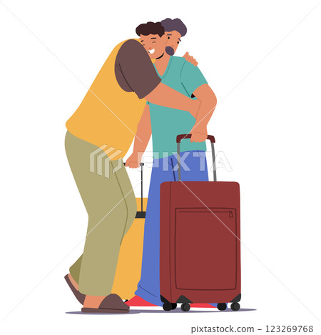 Cheerful father meeting hugging son after long separation celebrating reunion cartoon characters 123269768