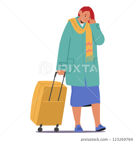 Young sad woman character crying walking with luggage suitcase while leaving home isolated on white 123269769
