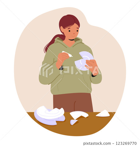 Young woman cartoon character trying to fix broken plates feeling inspiration vector illustration 123269770