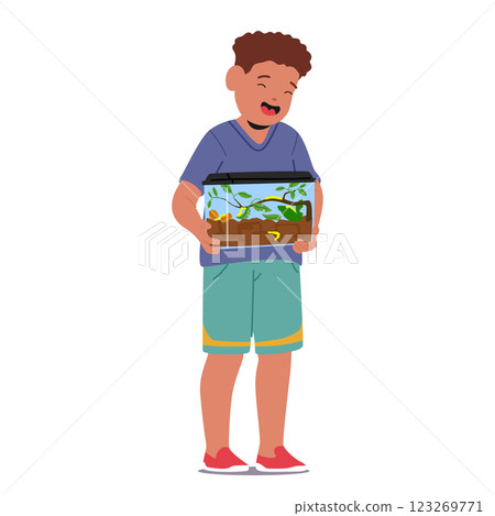 Happy little boy child cartoon character holding glass aquarium with ground worms leaving inside 123269771