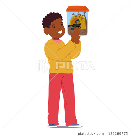 Cute elementary age boy child cartoon character showcasing his new friend scorpion in aquarium Cute elementary age boy child cartoon character showcasing his new friend scorpion in aquarium 123269775
