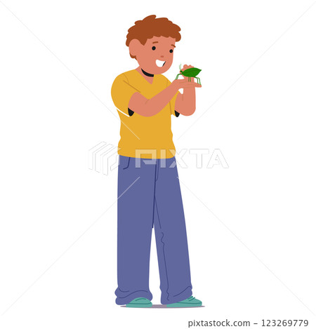 Cute boy child cartoon character holding green grasshopper in hands standing isolated on white Cute boy child cartoon character holding green grasshopper in hands standing isolated on white 123269779