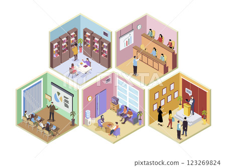 University 3d isometric rooms concept in isometry graphic design for web. People learning auditorium, students studying in library, listening lectures and professor seminars. Vector illustration. 123269824