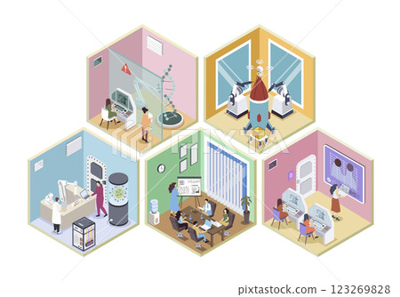 Science center 3d isometric rooms concept in isometry graphic design for web. People work in different laboratory, making researches, scientists staff meeting at conference hall. Vector illustration. 123269828