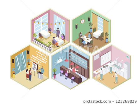 Restaurant 3d isometric rooms concept in isometry graphic design for web. People wait at reception, sitting at tables in dining area or bar, couple at date, staff work at kitchen. Vector illustration. 123269829