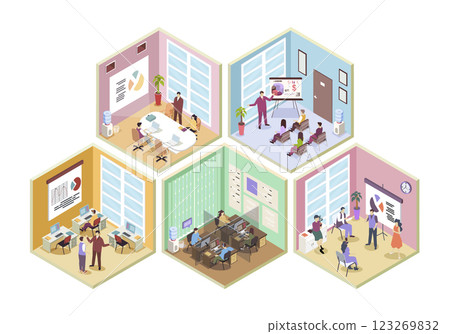 Outsourcing company 3d isometric rooms concept in isometry graphic design for web. People working in office, brainstorming at conference meeting, making presentation at workplace. Vector illustration. 123269832